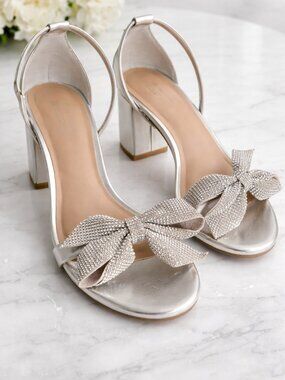 Call It Spring Silver Rhinestone Bow Ankle-Strap Heels, Sz 8.5, block heel, EUC